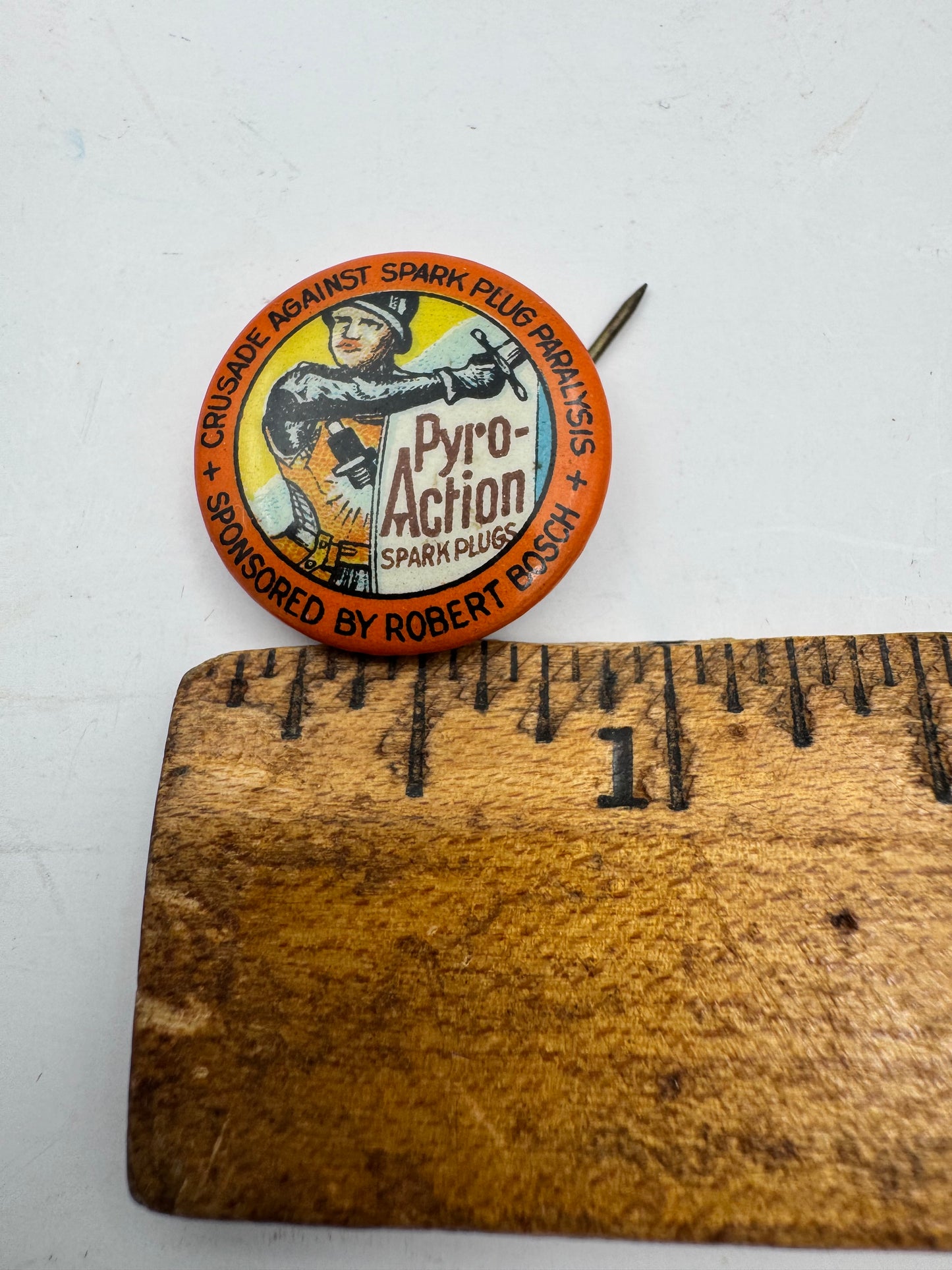 Vintage Bosch Spark Plug Pin Back Pyro Action Great Graphics Early