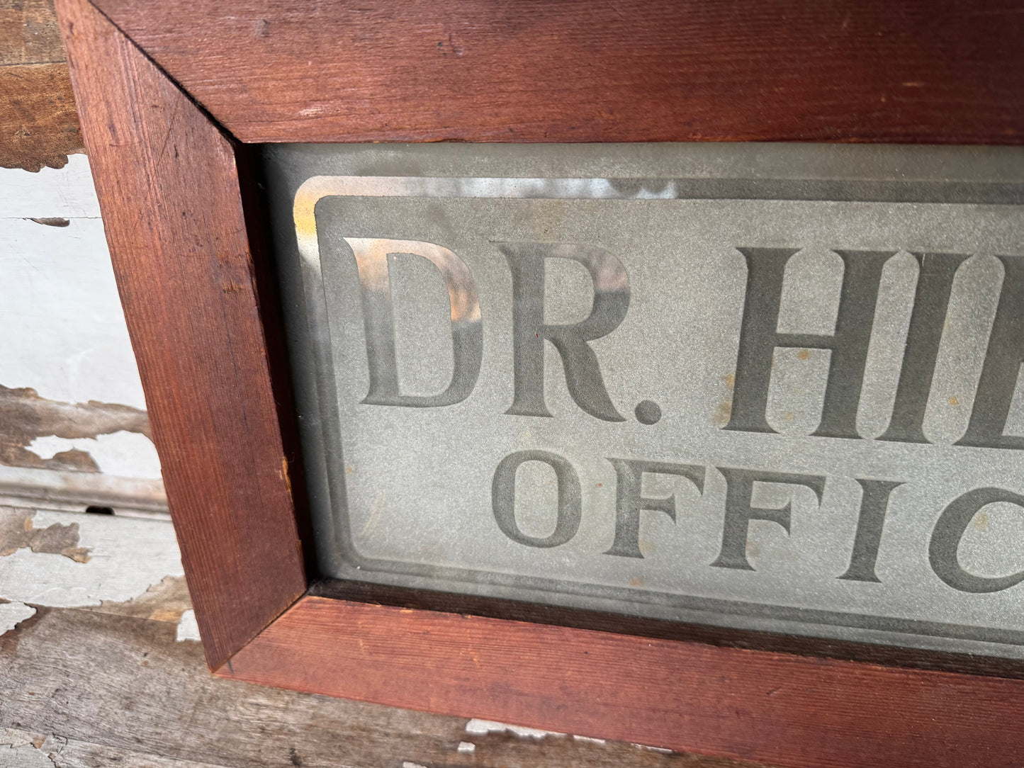 Vintage Glass Sign Embossed Dr. Hibshman