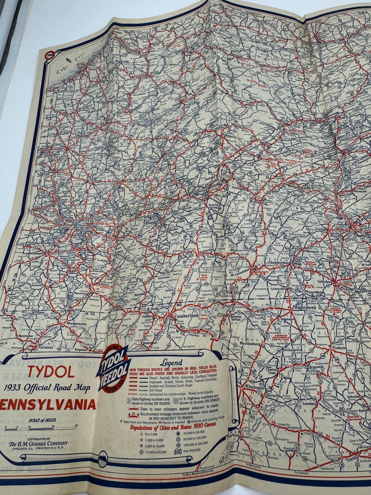 Vintage Roadmap 1933 PA NJ Tydol Veedol