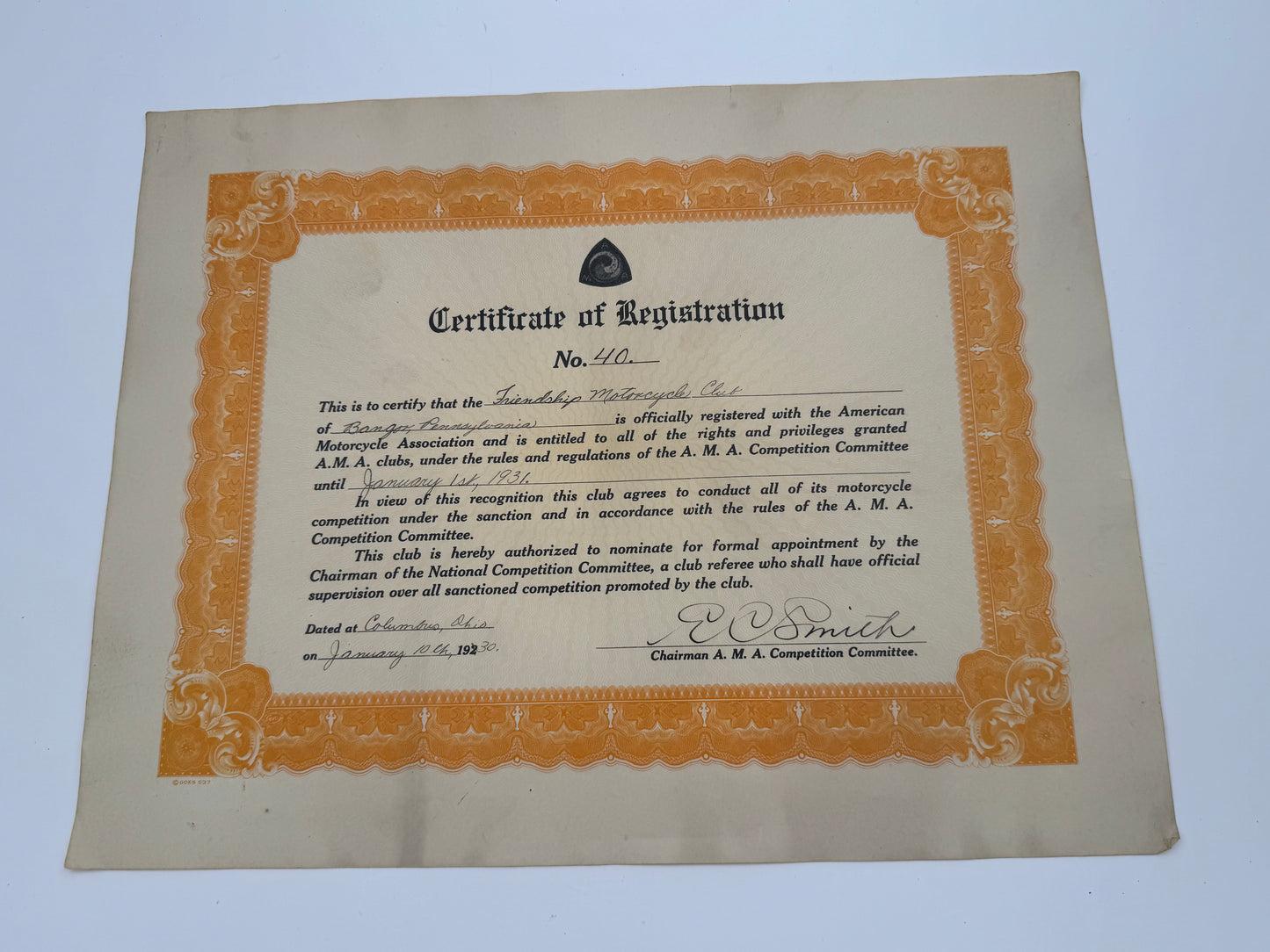 Vintage Friendship Motorcycle Club AMA Registration Certificate