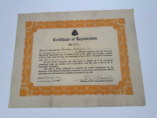Vintage Friendship Motorcycle Club AMA Registration Certificate