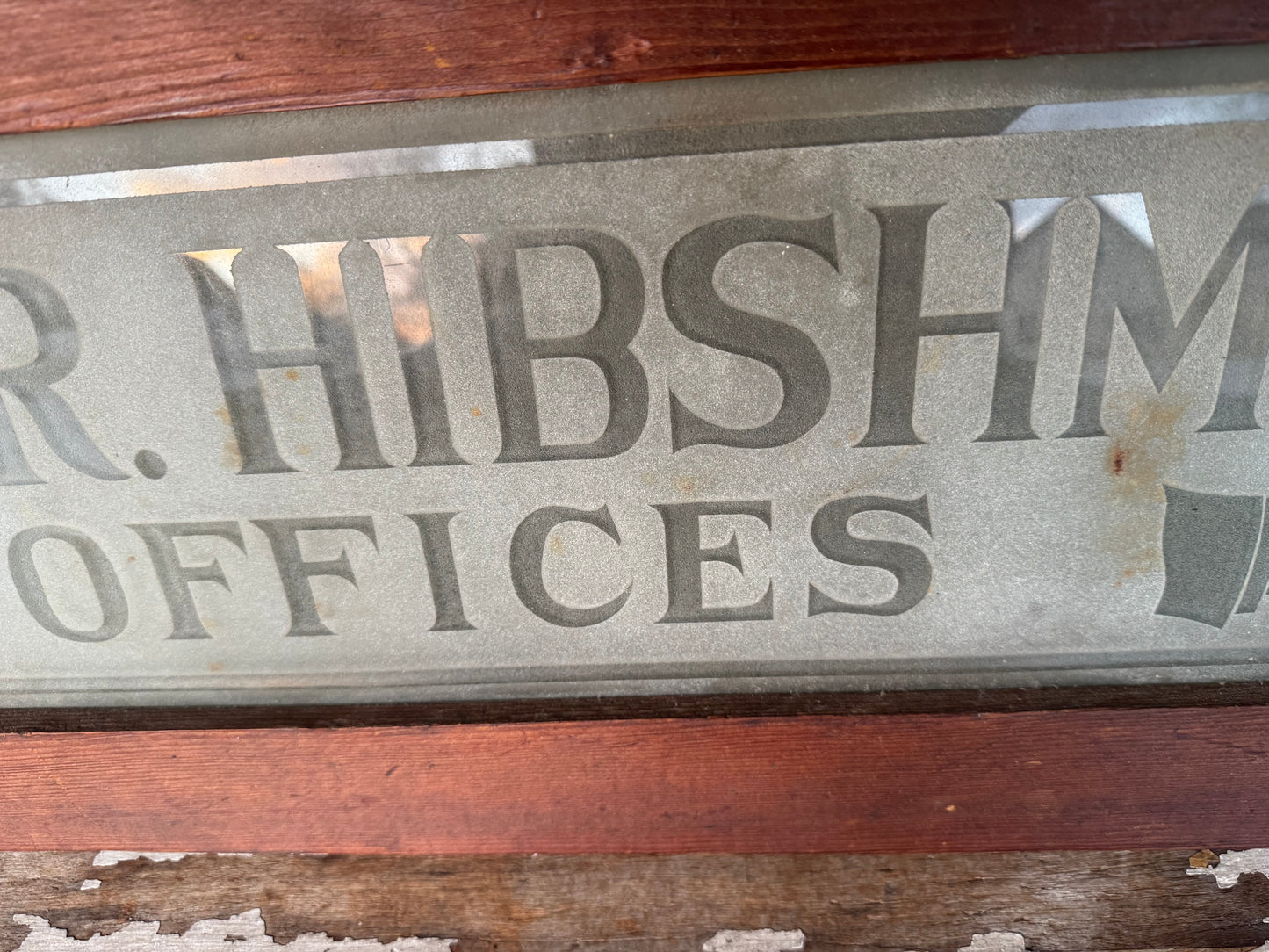 Vintage Glass Sign Embossed Dr. Hibshman
