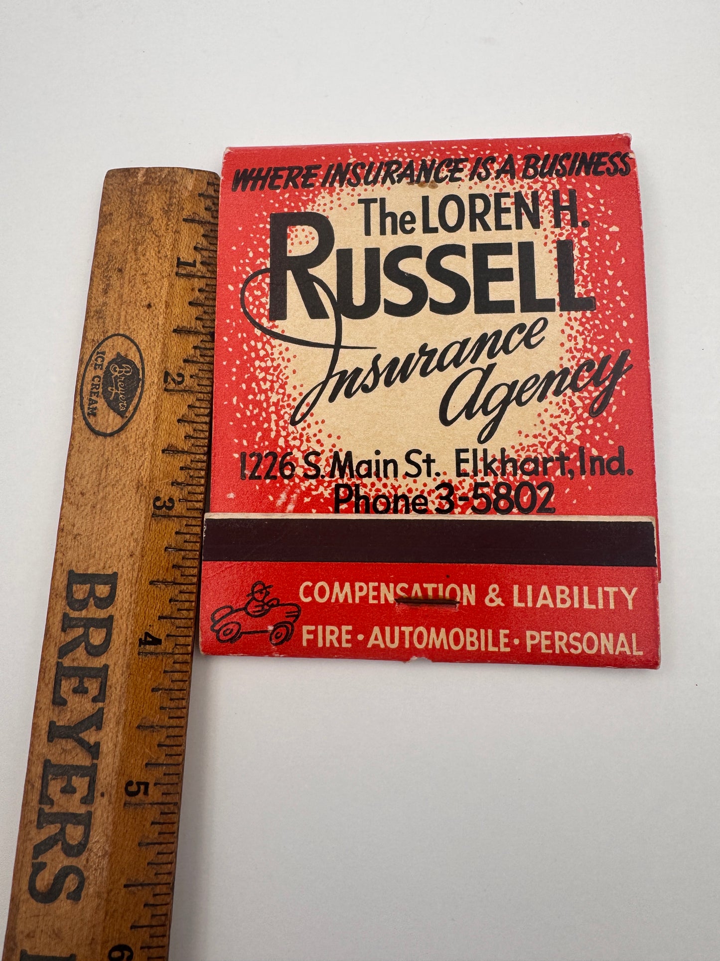 Vintage Feature Matchbook Russel Insurance Elkhart IN