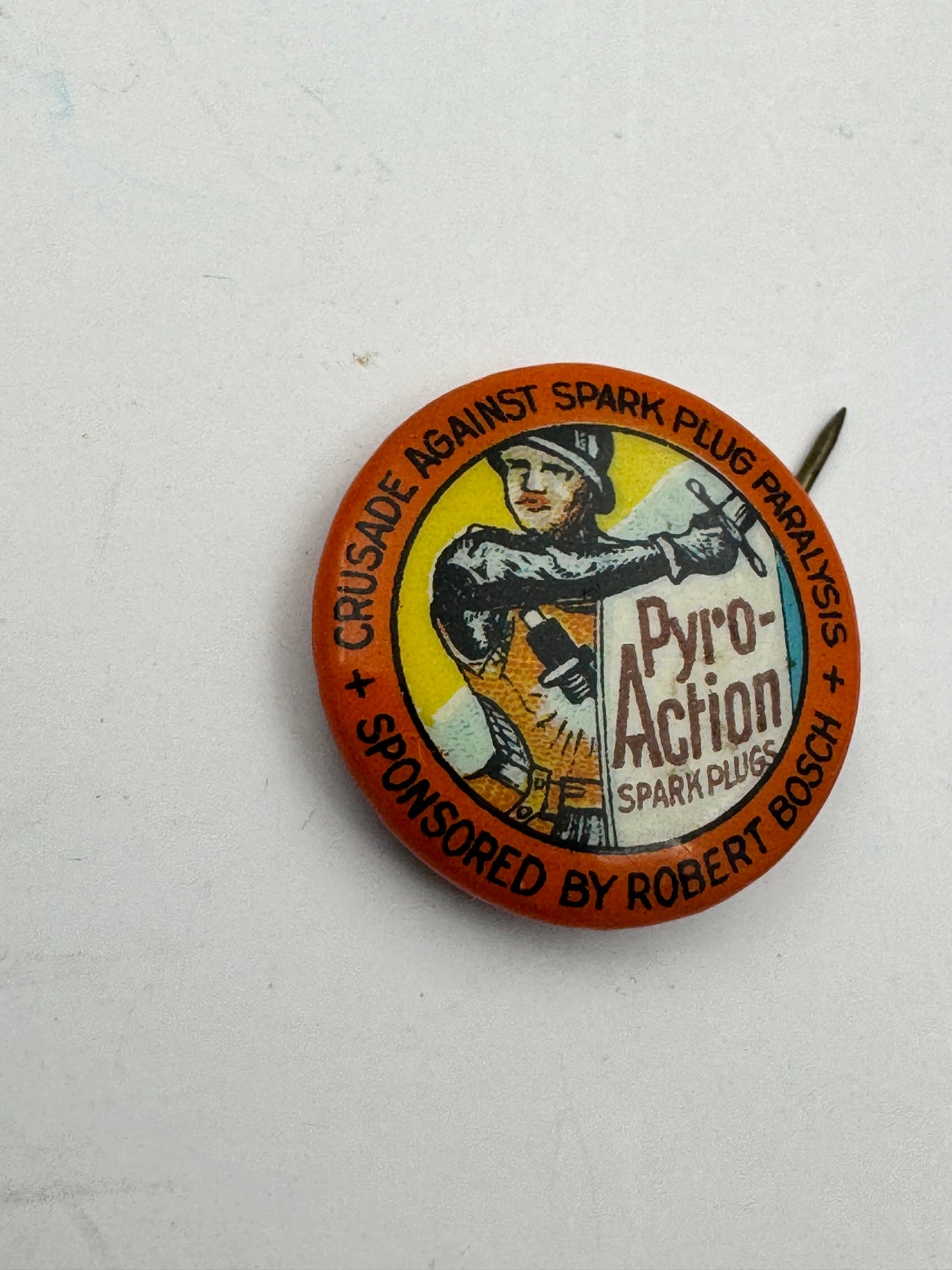 Vintage Bosch Spark Plug Pin Back Pyro Action Great Graphics Early
