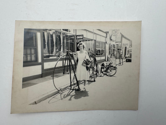 Vintage Transportation Photo High Wheel Motorcycle And Woman