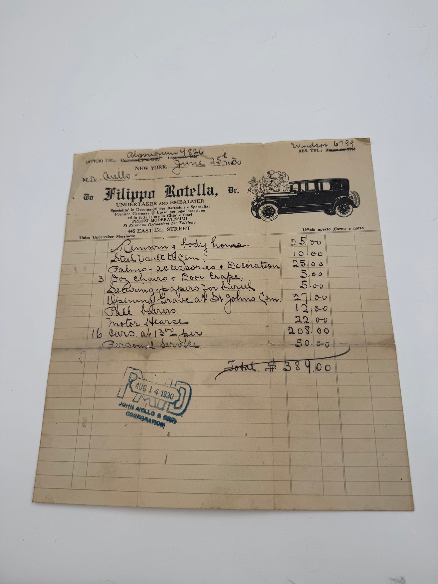 Vintage Undertaker Invoice Great Car Graphic