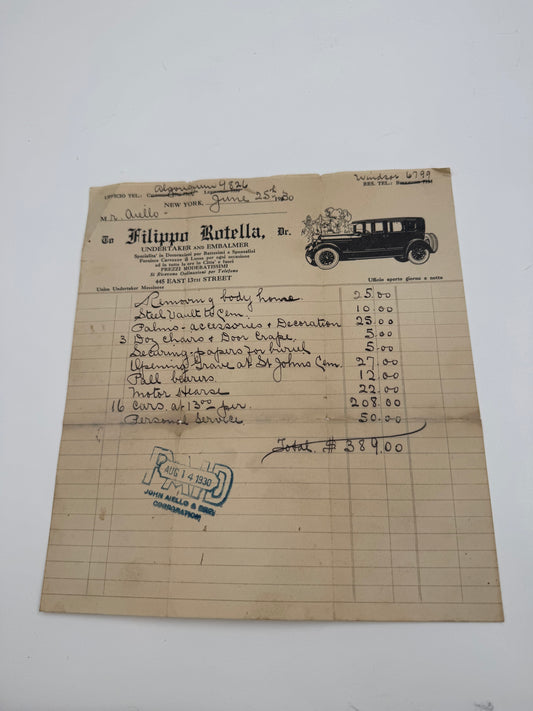 Vintage Undertaker Invoice Great Car Graphic