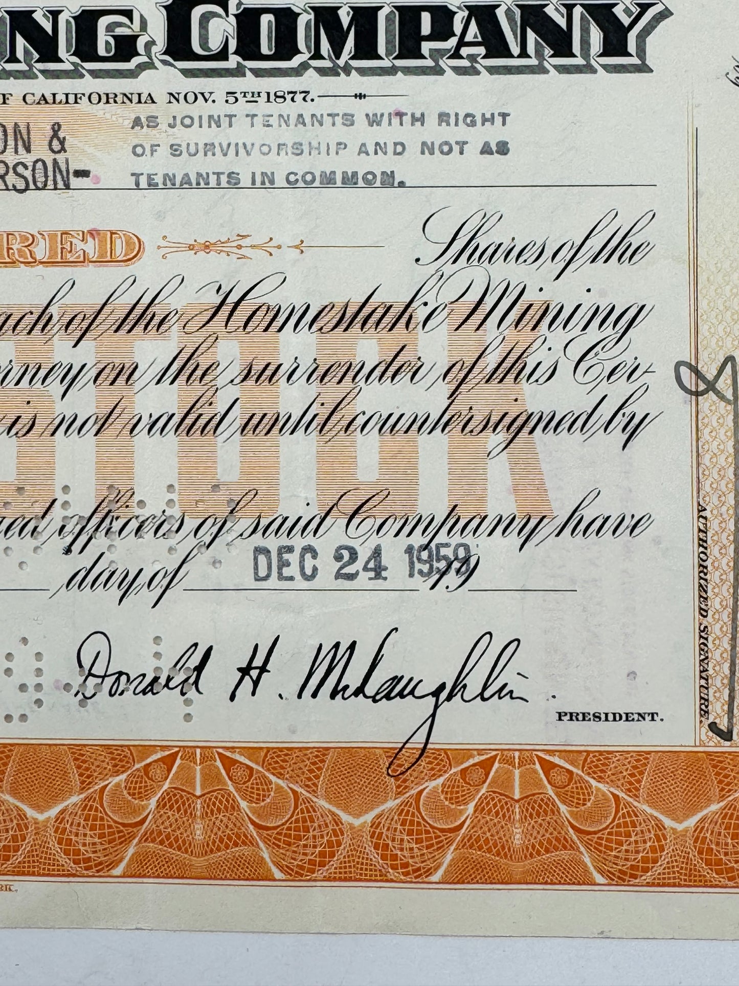 Vintage Stock Certificate Homestake Mining Co.