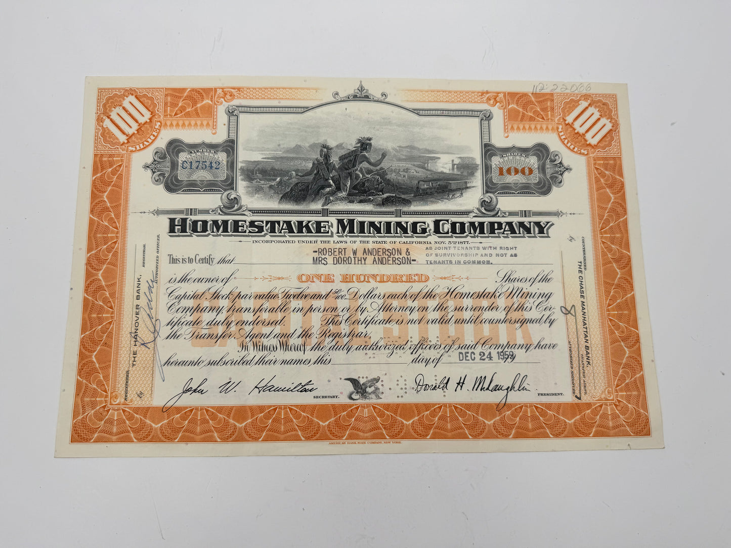 Vintage Stock Certificate Homestake Mining Co.