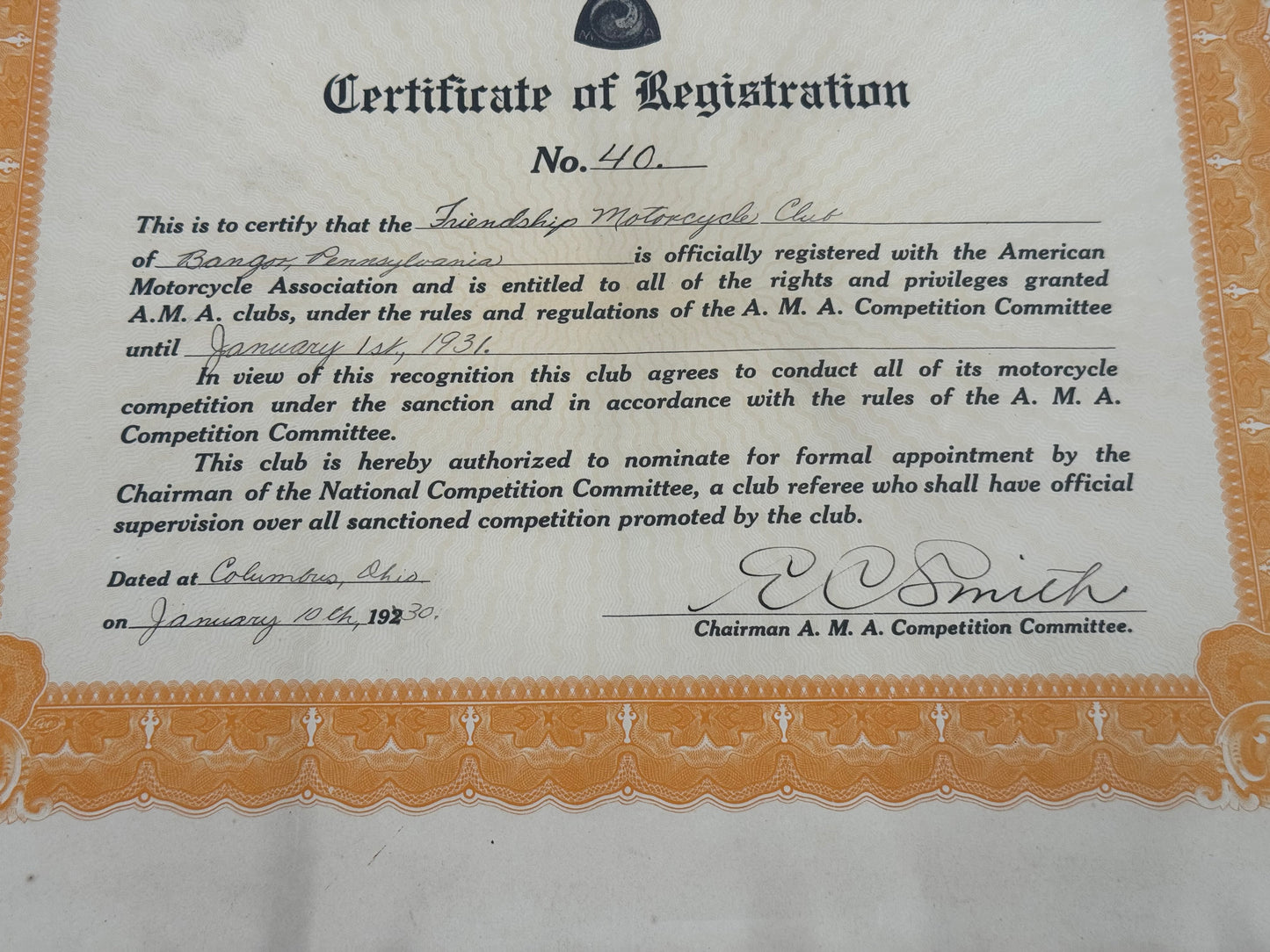 Vintage Friendship Motorcycle Club AMA Registration Certificate