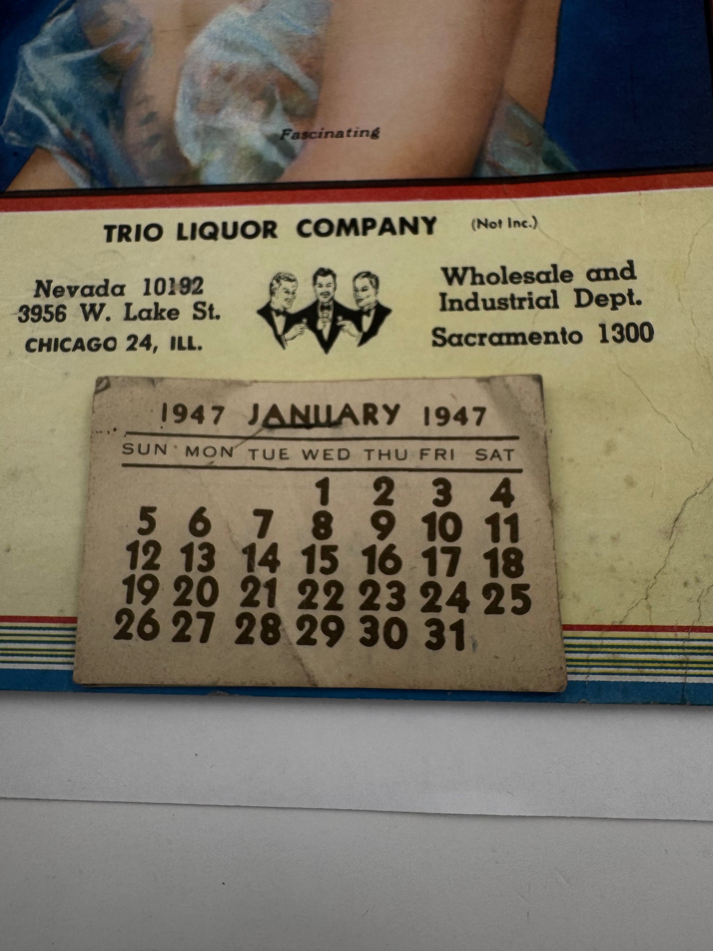 Vintage Pin Up Calendar Trio Liquor 1947