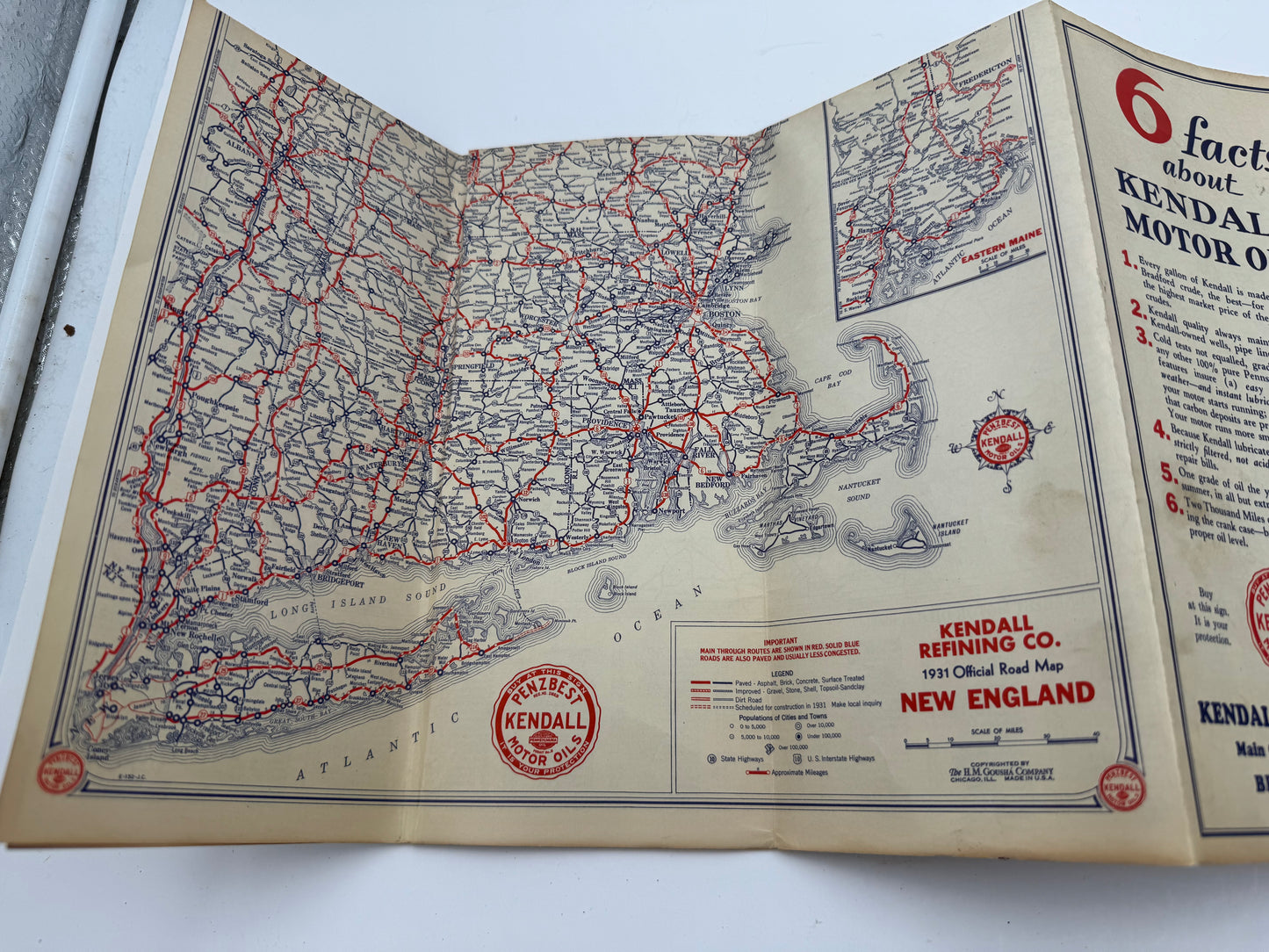 Vintage Roadmap 1931 Pennsylvania NJ New England Kendall