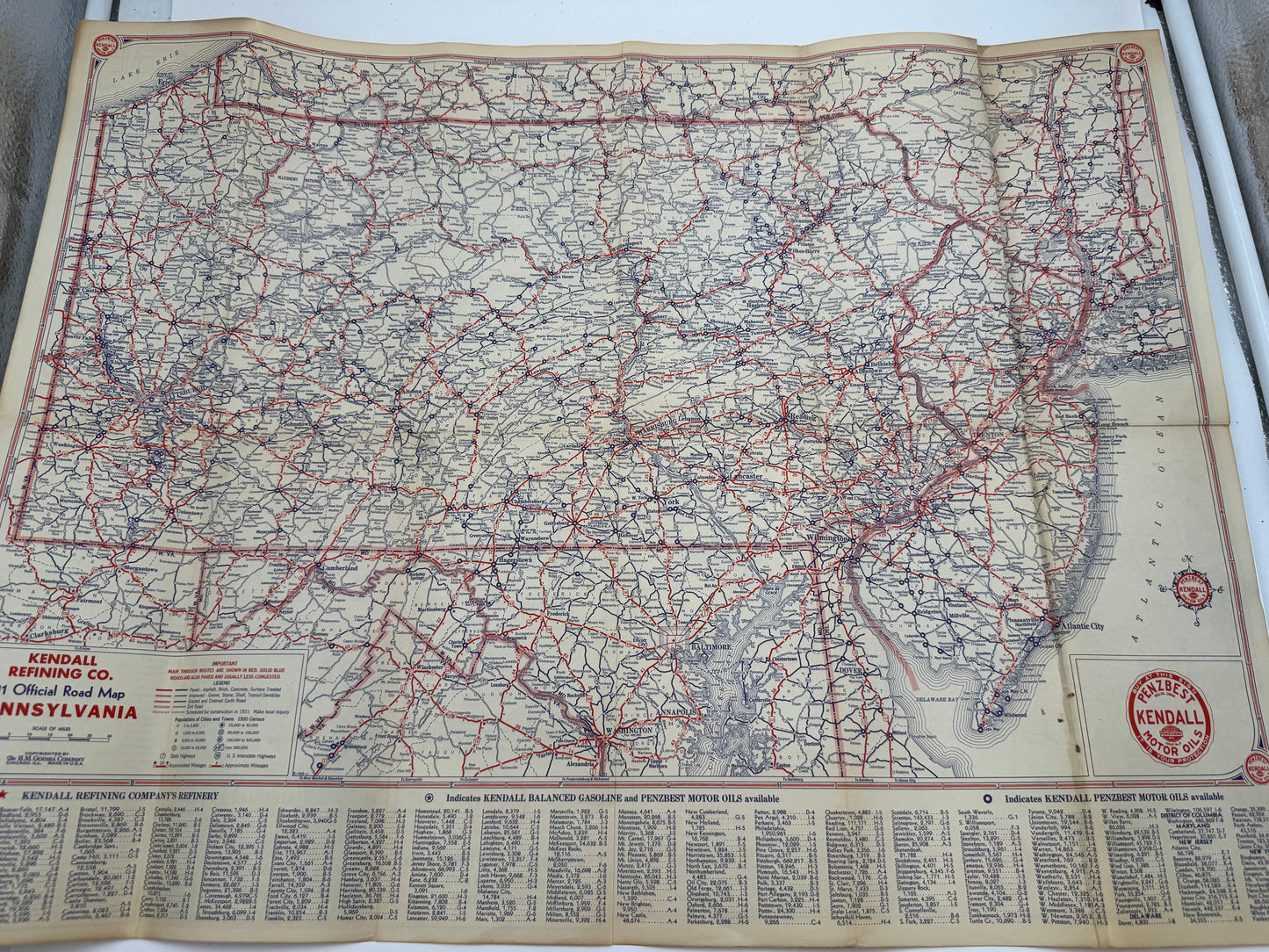Vintage Roadmap 1931 Pennsylvania NJ New England Kendall
