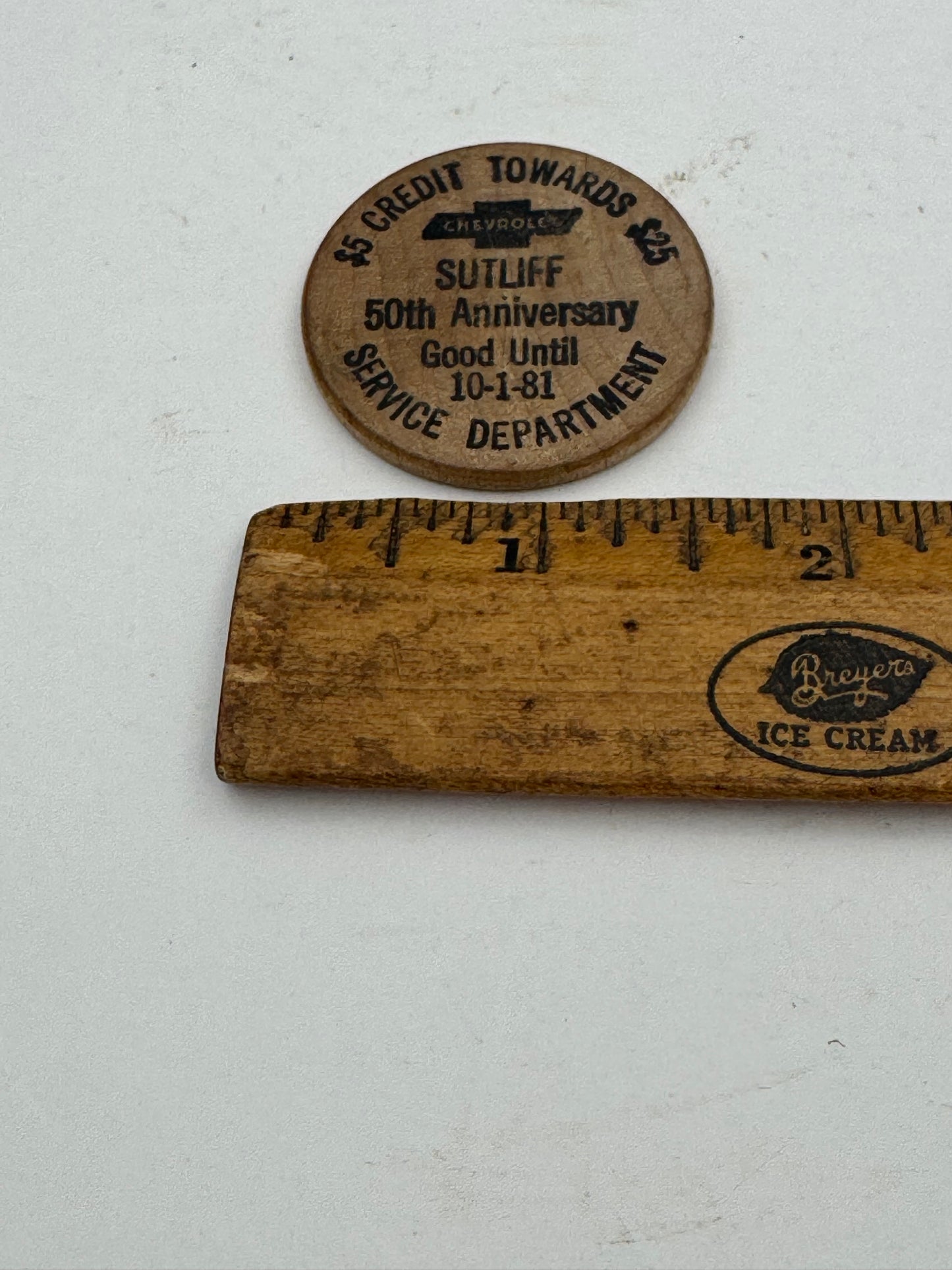Vintage Chevy Wooden Nickel Sutliff Chevrolet 1981