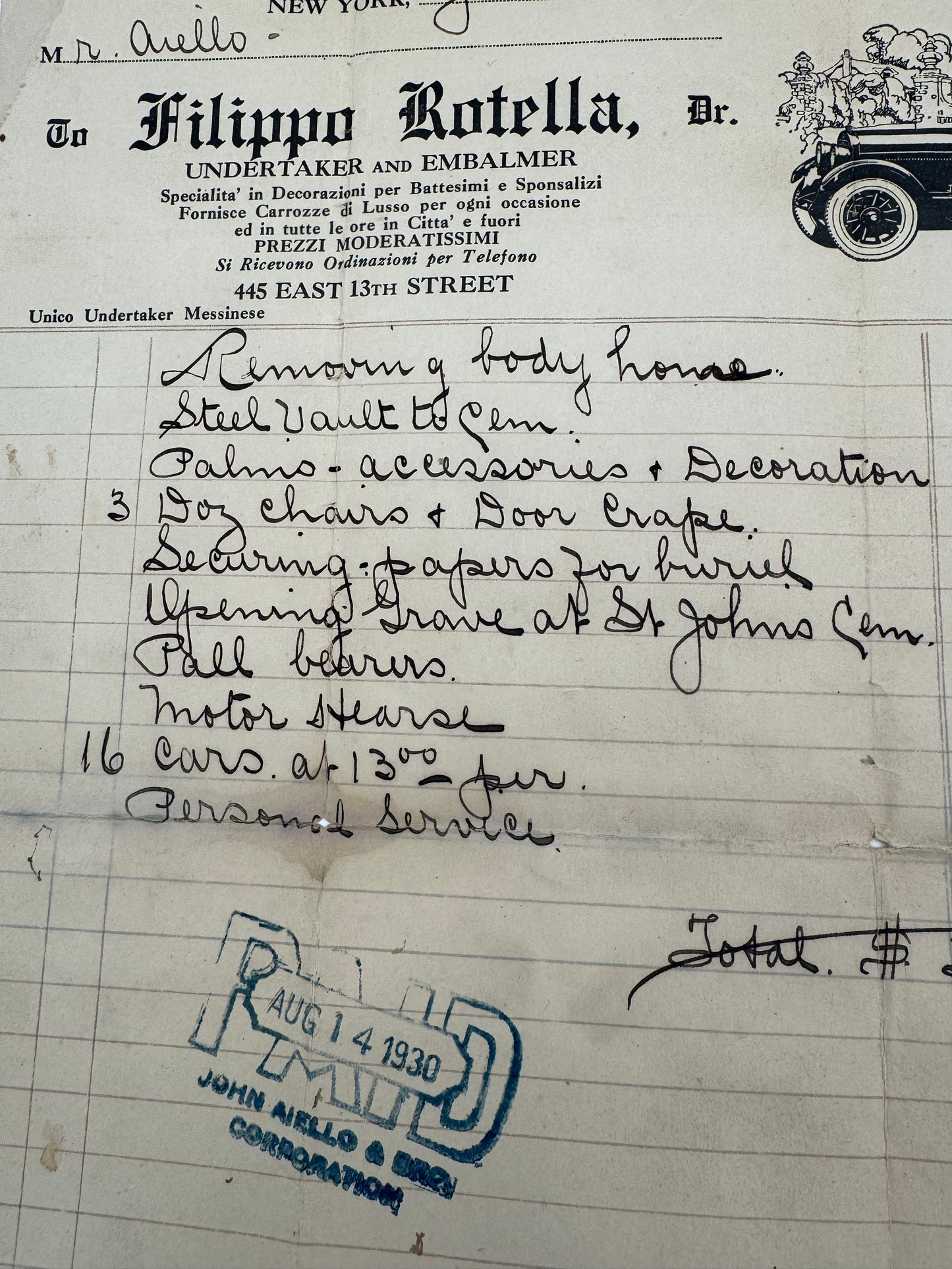 Vintage Undertaker Invoice Great Car Graphic