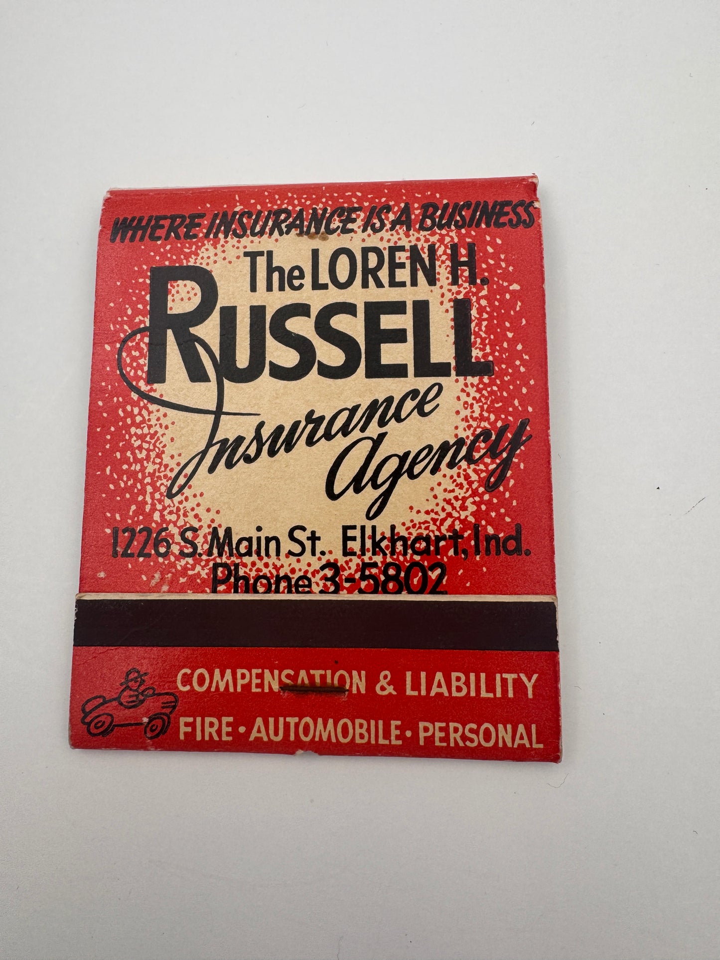 Vintage Feature Matchbook Russel Insurance Elkhart IN