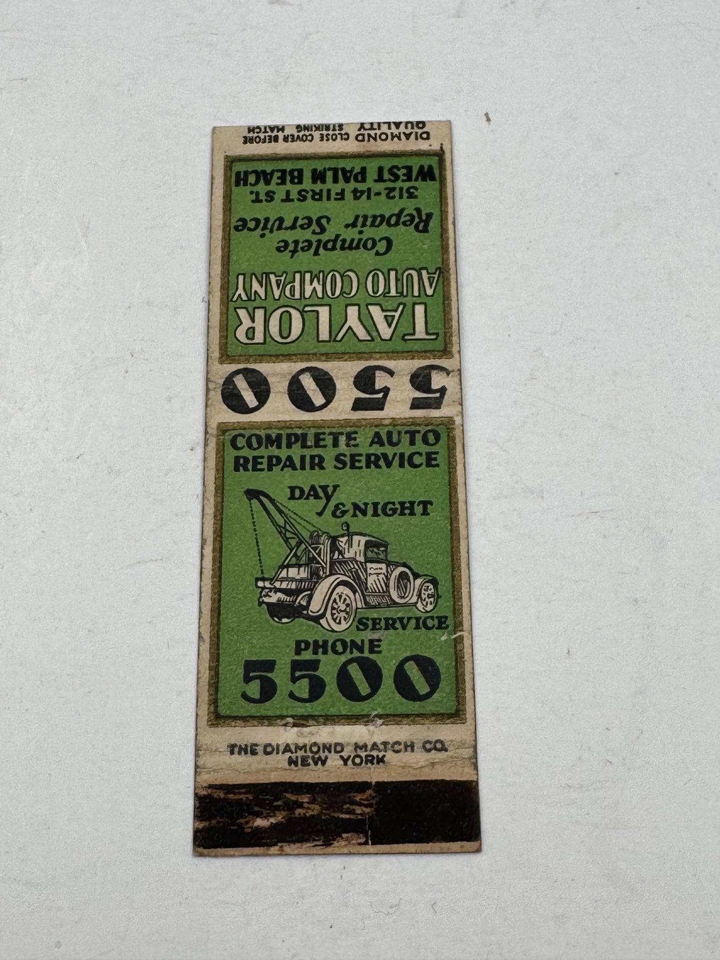 Vintage 1940s Tow Truck Matchbook Cover