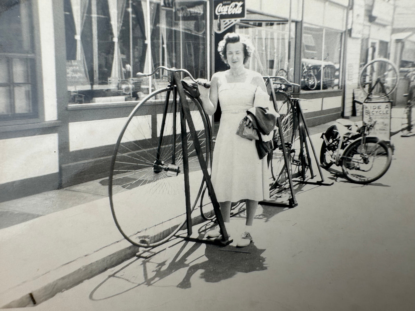 Vintage Transportation Photo High Wheel Motorcycle And Woman