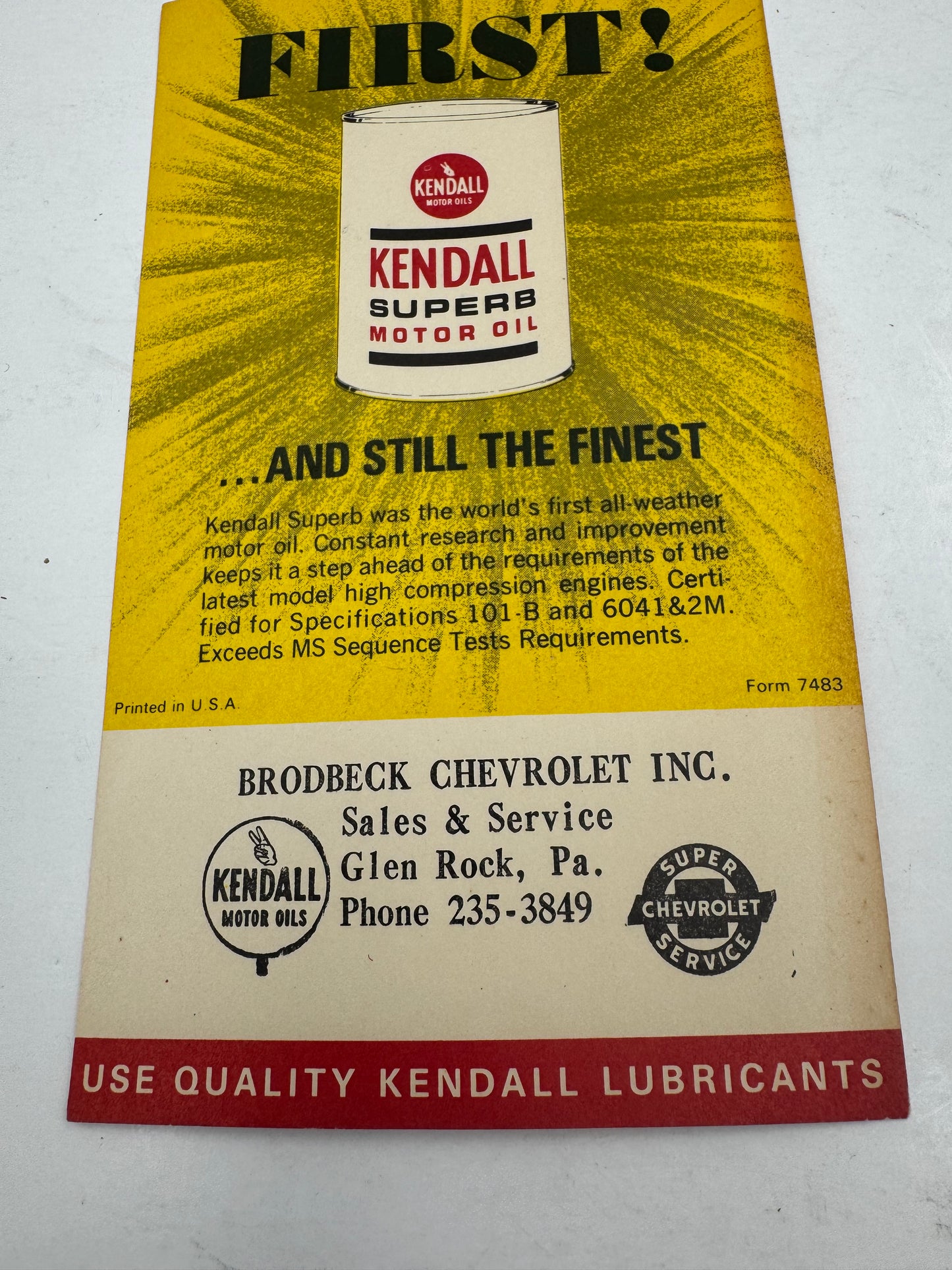 Vintage Kendall Oil Ink Blotter Ad NOS