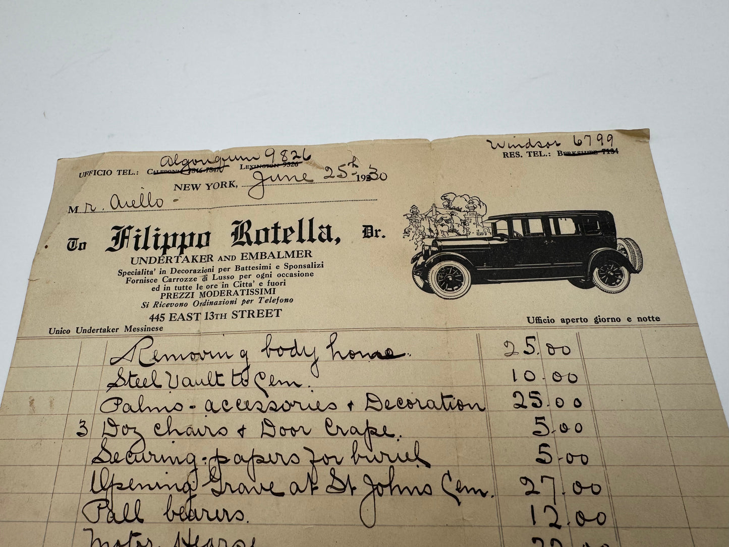 Vintage Undertaker Invoice Great Car Graphic
