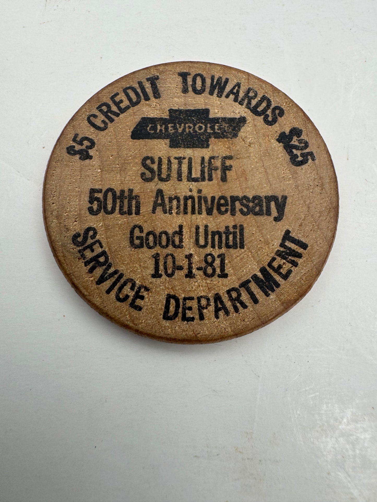 Vintage Chevy Wooden Nickel Sutliff Chevrolet 1981