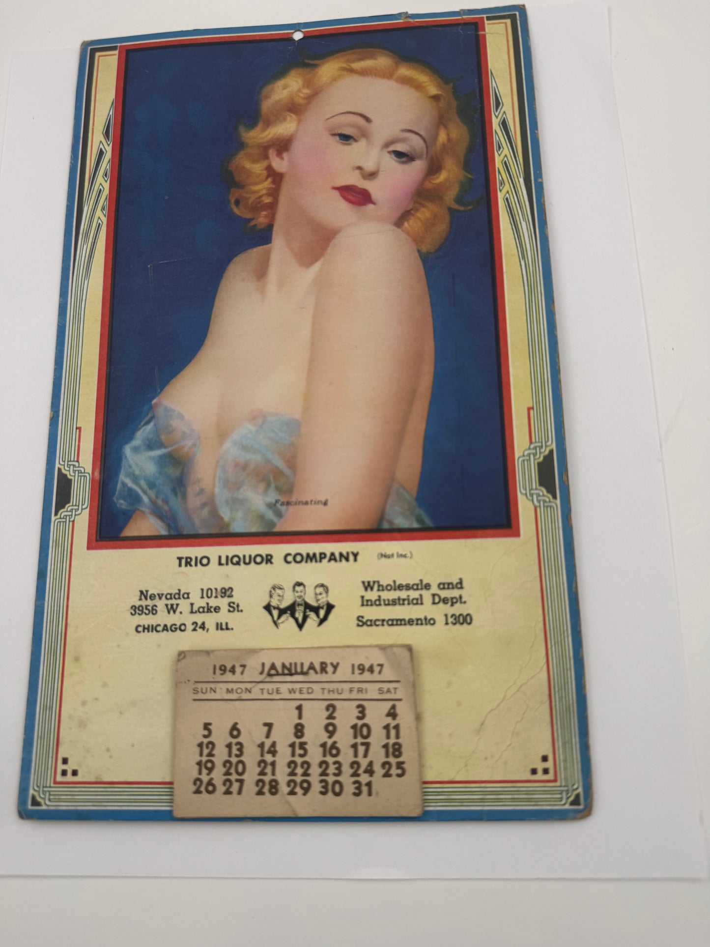 Vintage Pin Up Calendar Trio Liquor 1947