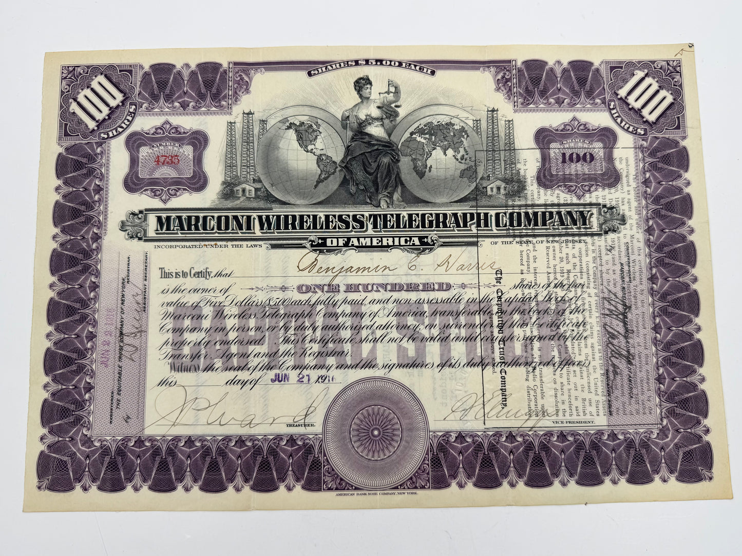 Vintage Stock Certificate Marconi Wireless 100 Shares