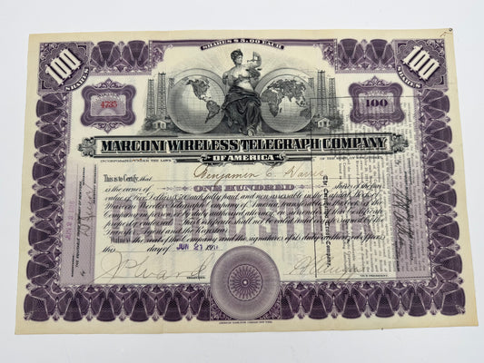 Vintage Stock Certificate Marconi Wireless 100 Shares