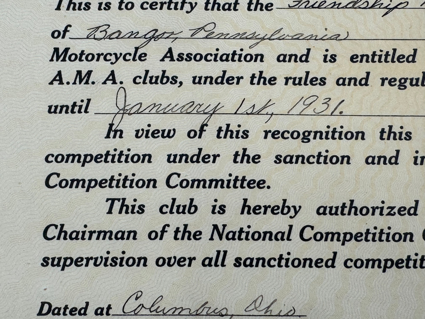 Vintage Friendship Motorcycle Club AMA Registration Certificate