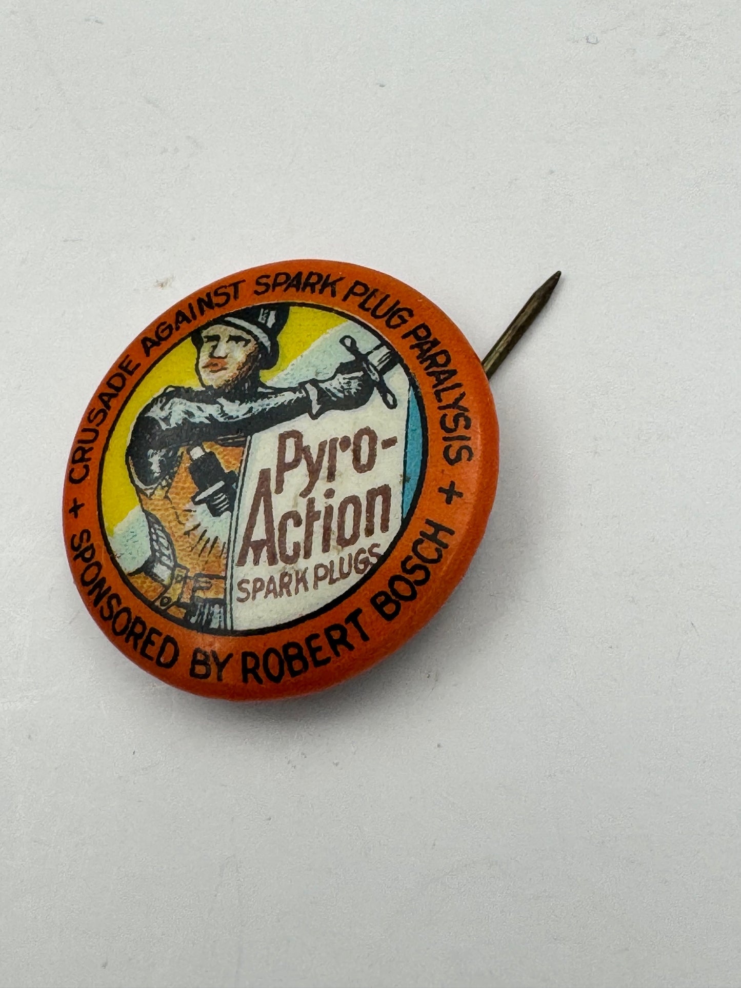 Vintage Bosch Spark Plug Pin Back Pyro Action Great Graphics Early