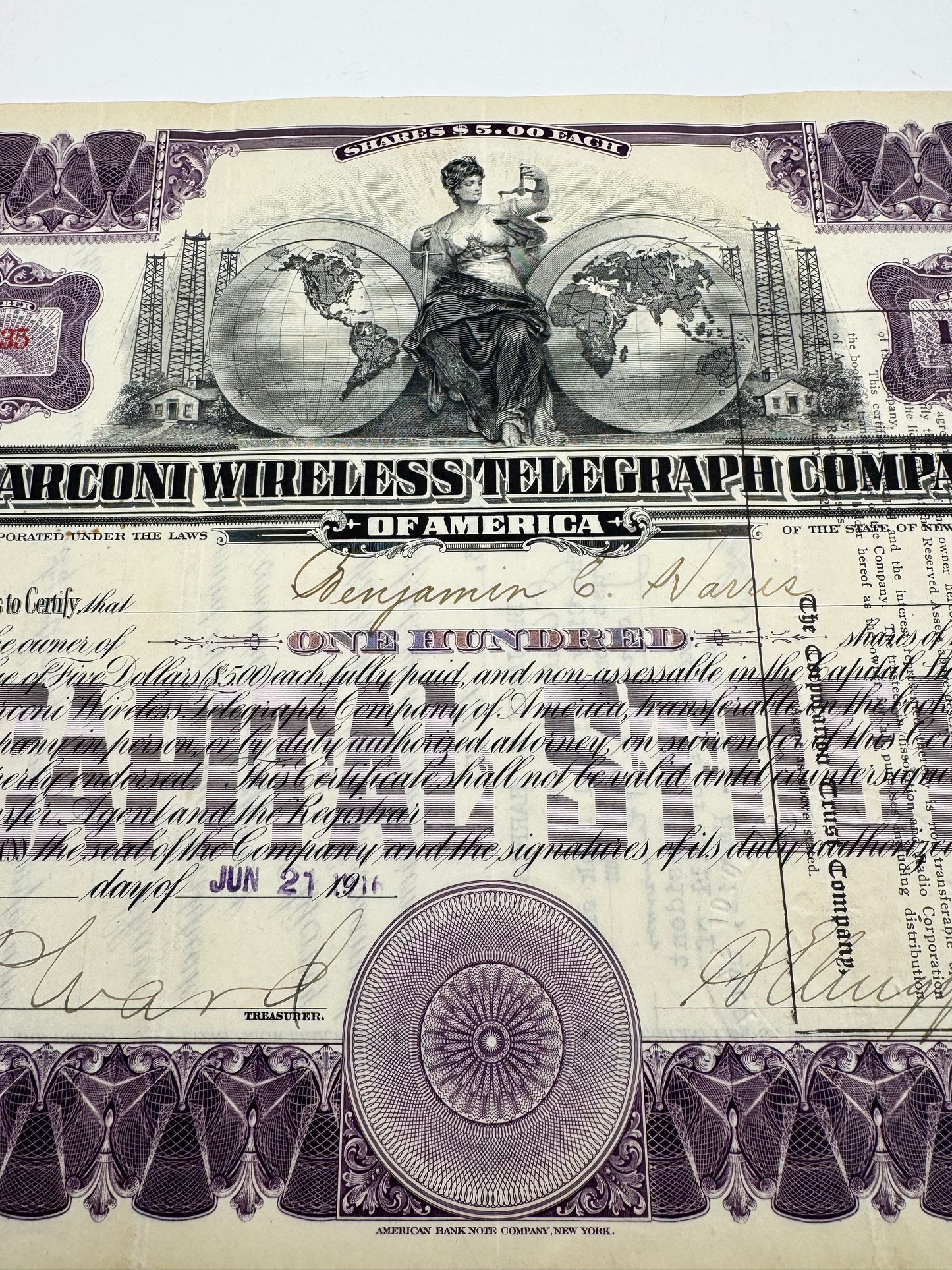 Vintage Stock Certificate Marconi Wireless 100 Shares