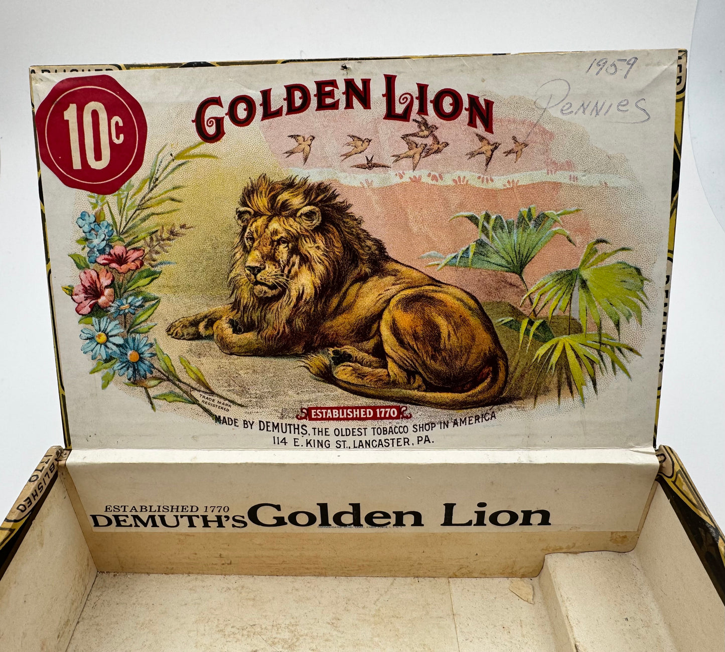 Vintage Cigar Box Golden Lion Demuths Pencil Written