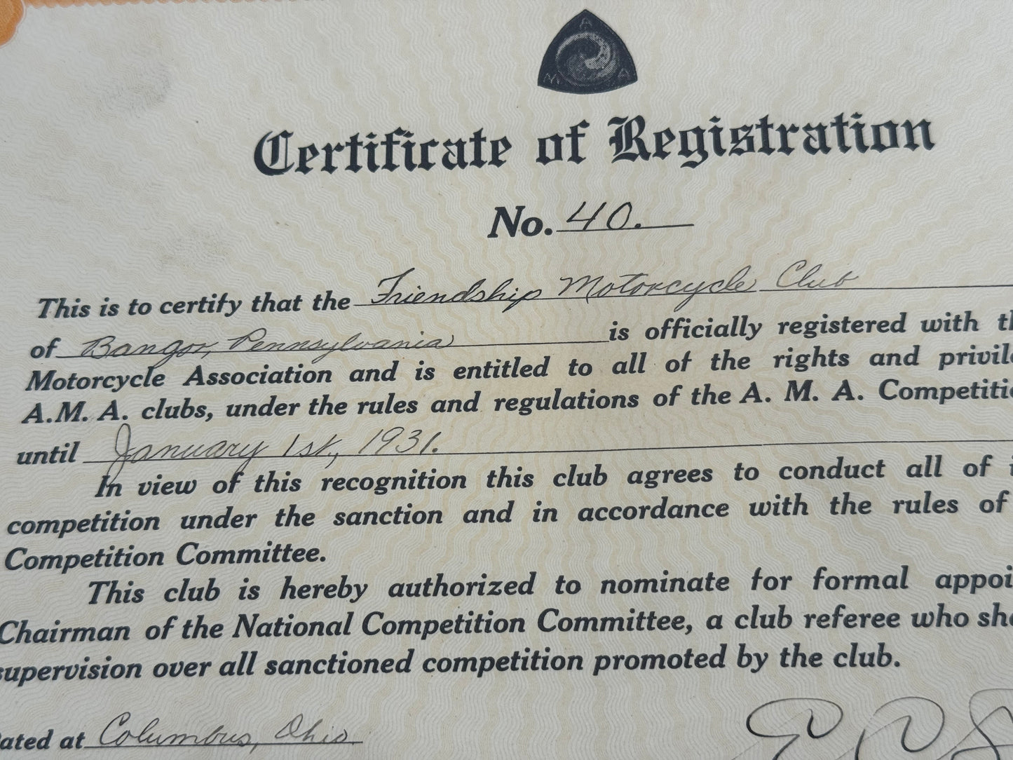 Vintage Friendship Motorcycle Club AMA Registration Certificate
