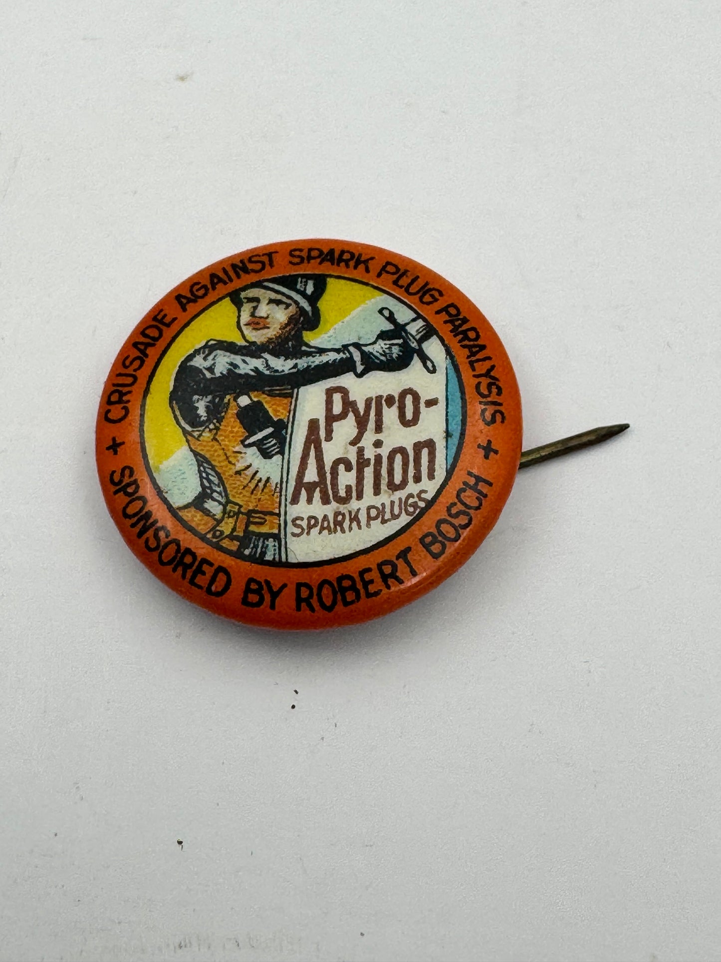 Vintage Bosch Spark Plug Pin Back Pyro Action Great Graphics Early