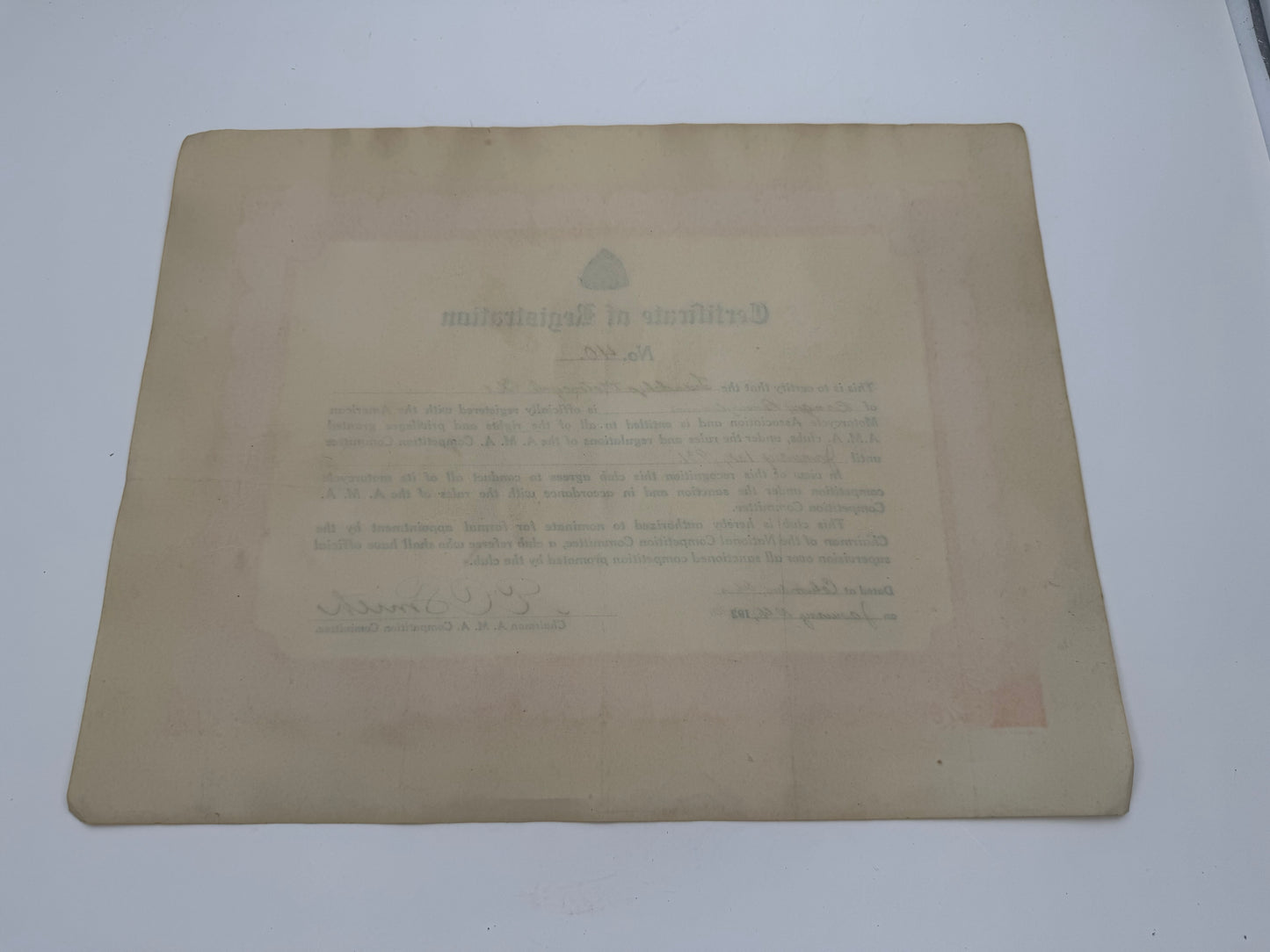 Vintage Friendship Motorcycle Club AMA Registration Certificate