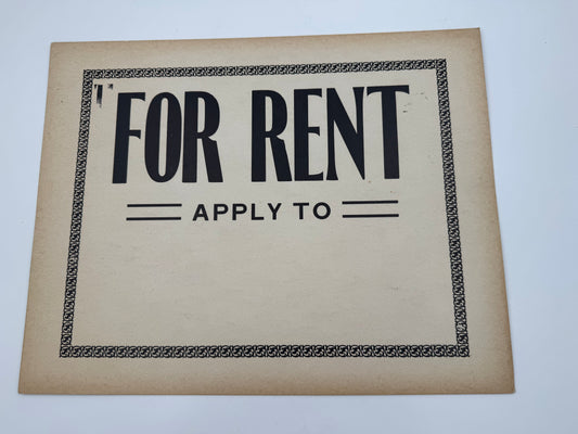 Vintage For Rent Sign 1950s Cardstock