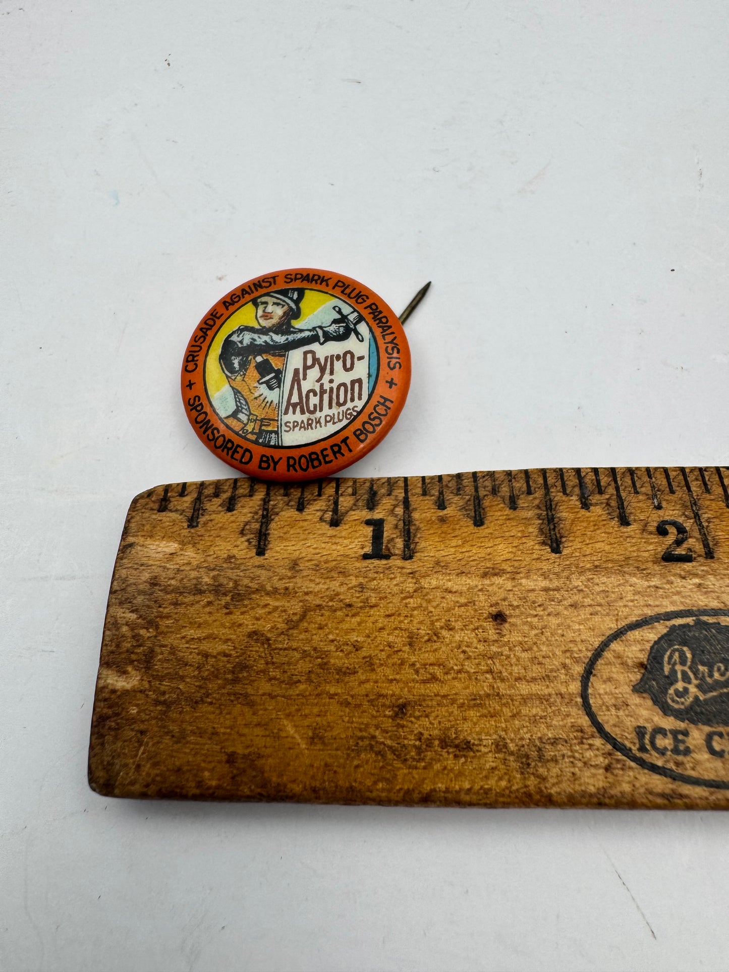 Vintage Bosch Spark Plug Pin Back Pyro Action Great Graphics Early