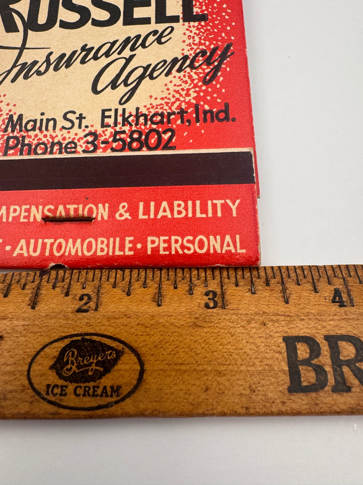 Vintage Feature Matchbook Russel Insurance Elkhart IN