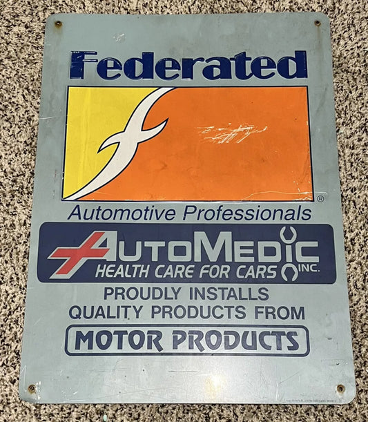 Vintage Federated Motor Parts Sign Embossed RARE 1990