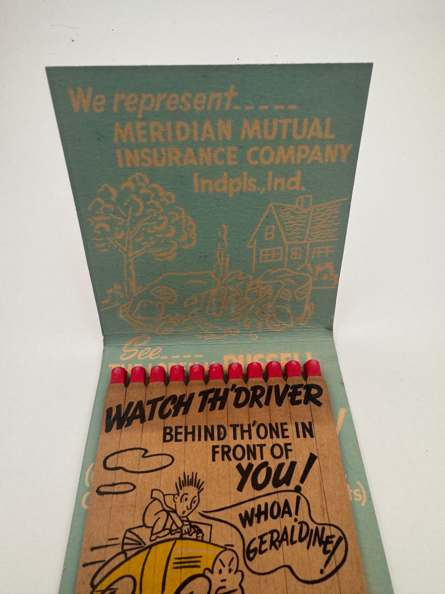 Vintage Feature Matchbook Russel Insurance Elkhart IN