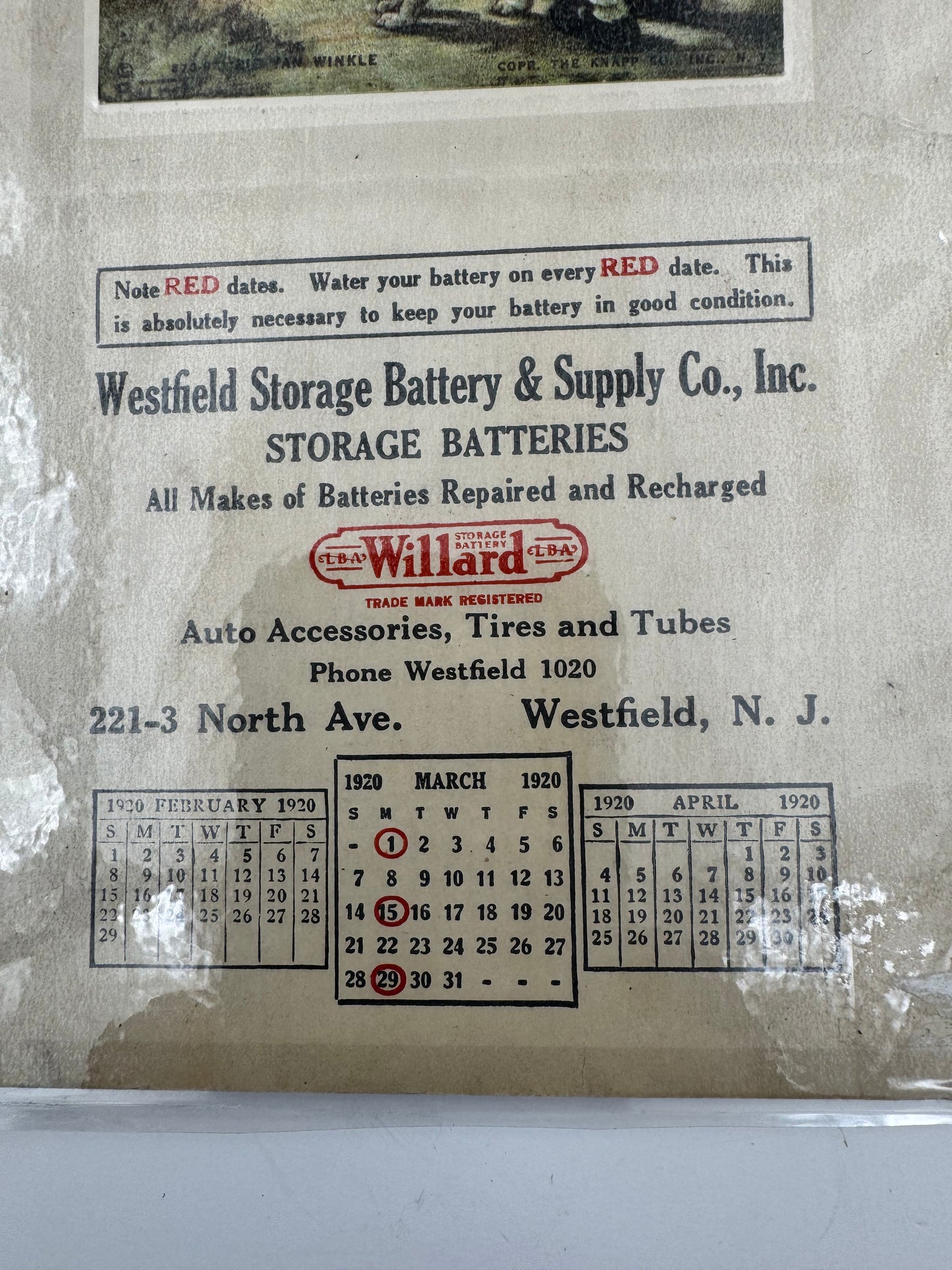 Vintage Willard Battery Calendar Page March 1920 Laminated