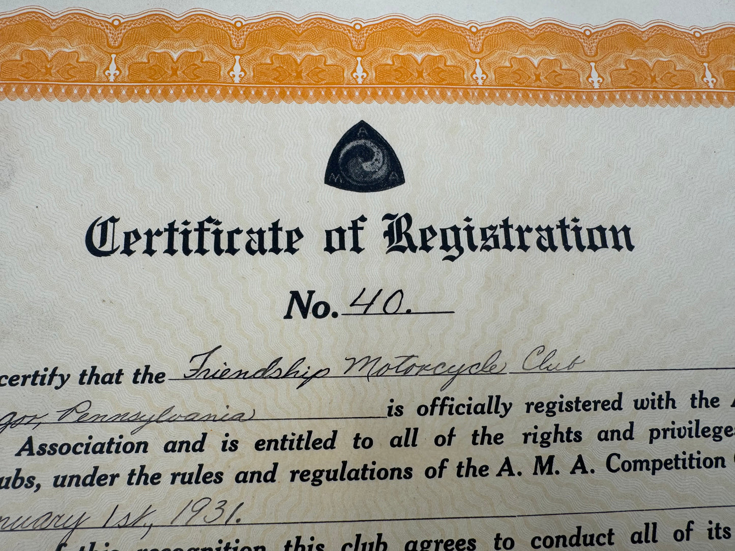 Vintage Friendship Motorcycle Club AMA Registration Certificate