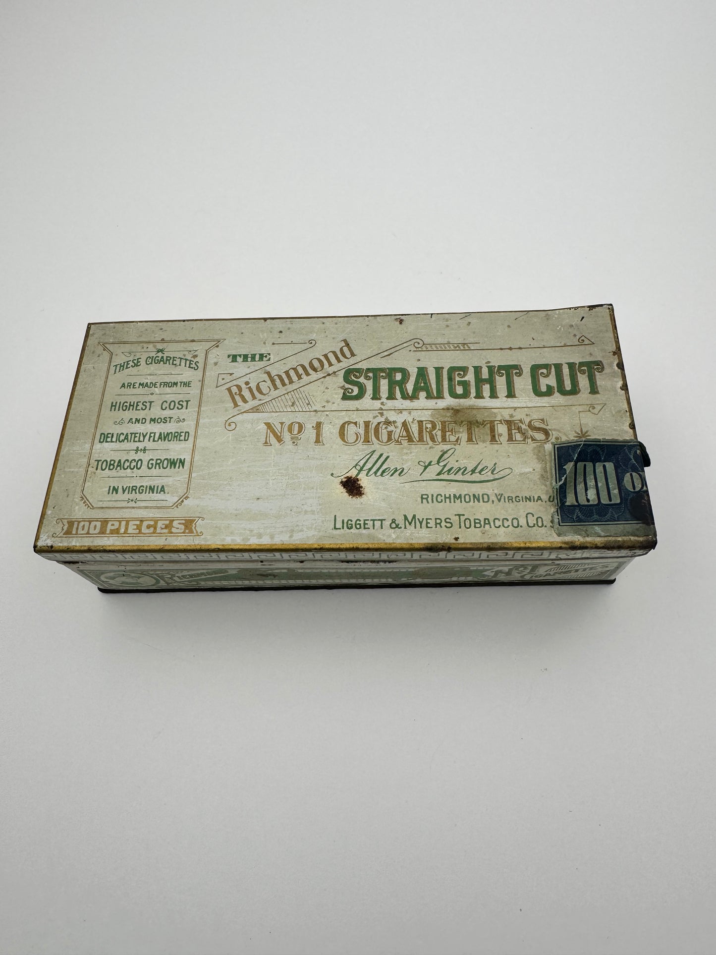 Vintage Tobacco Tin The Richmond Straight Cut 100 Pieces Empty
