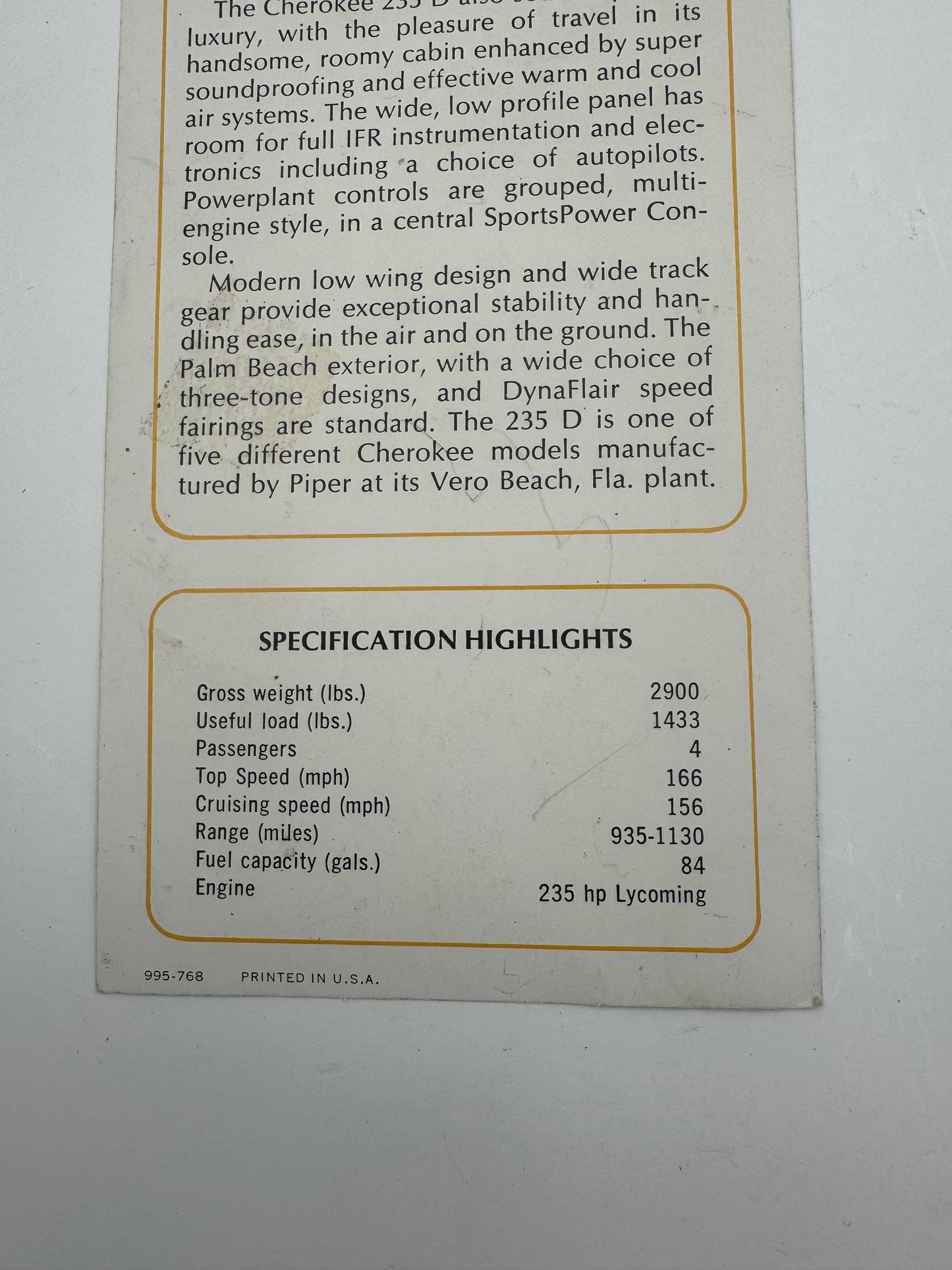 Vintage Piper Cherokee 235 D 1970 Dealer Brochure NOS