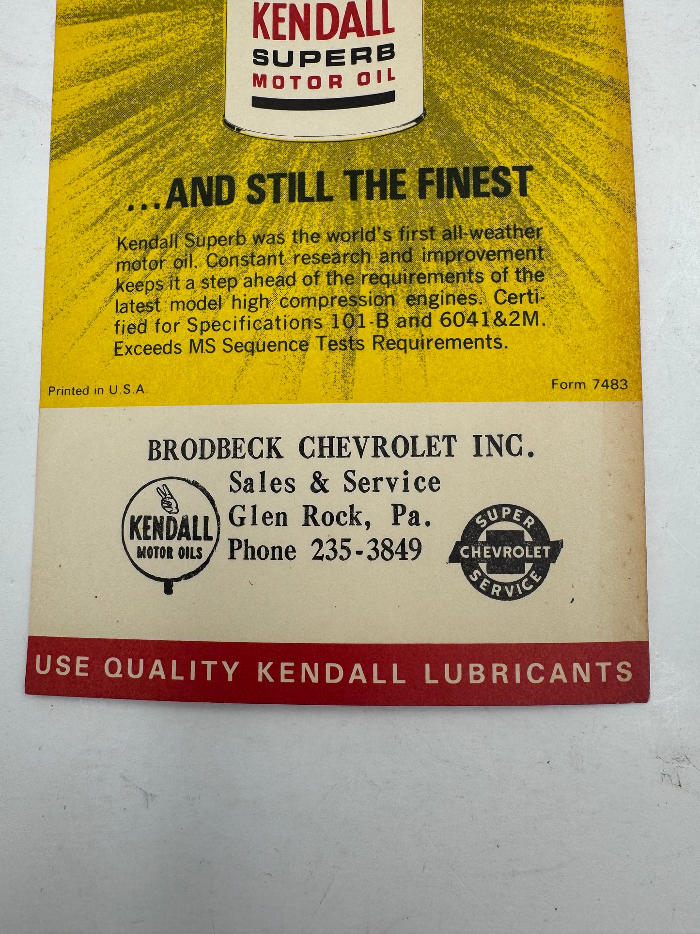 Vintage Kendall Oil Ink Blotter Ad NOS